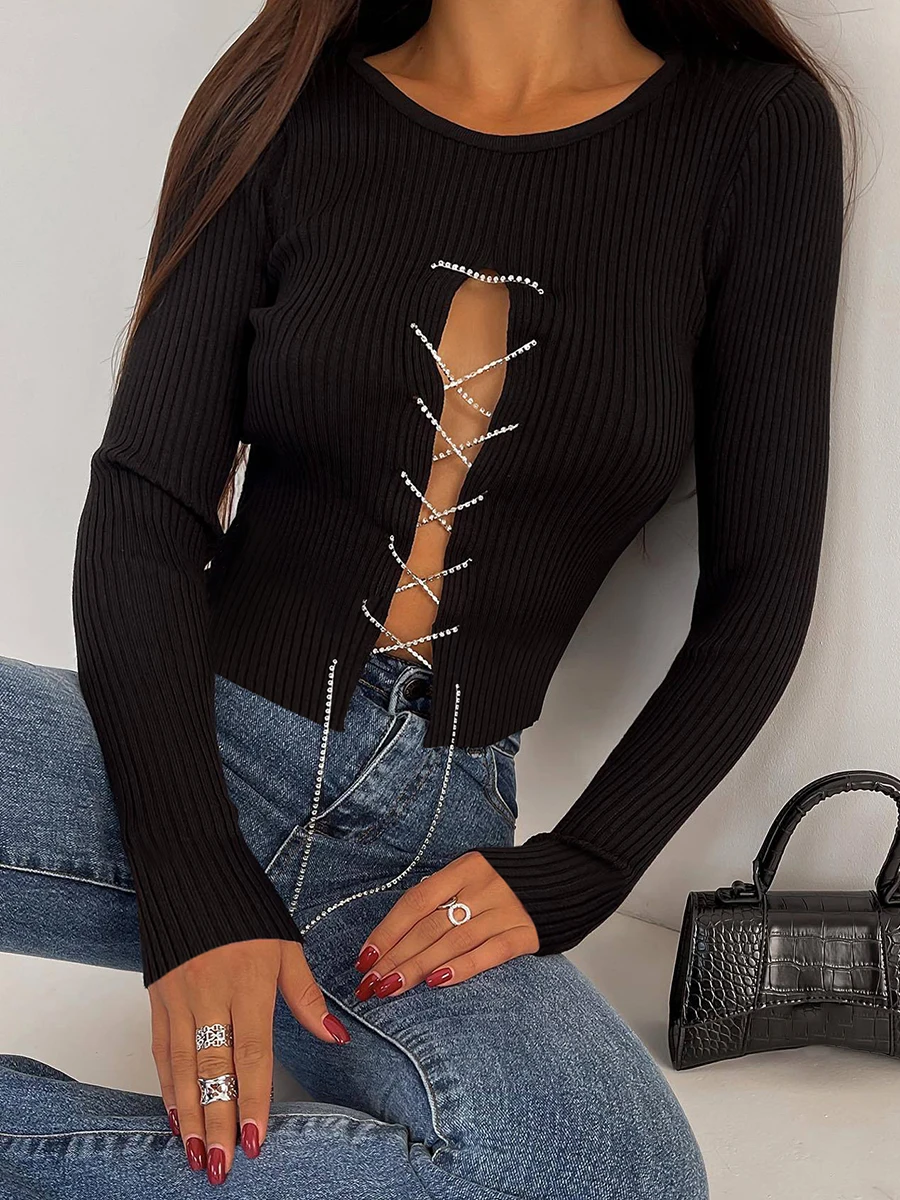 Womens Ribbed Knit Chain Top Long Sleeve Crew Neck Solid Color T Shirts Cutout Drawstring Metal Chain Front Tee Shirts