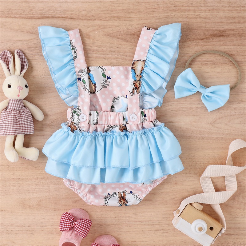 Ostern Infant Baby Mädchen Strampler Dot Kaninchen Druck Square Neck Fly Hülse Rüschen Backless Baby Bodys mit Bogen Stirnband – Detail 4