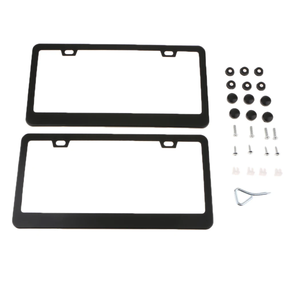 2 Pieces Black License Plate Frame Stainless Steel Tag Cover Screw Caps for US Cars Vehicles