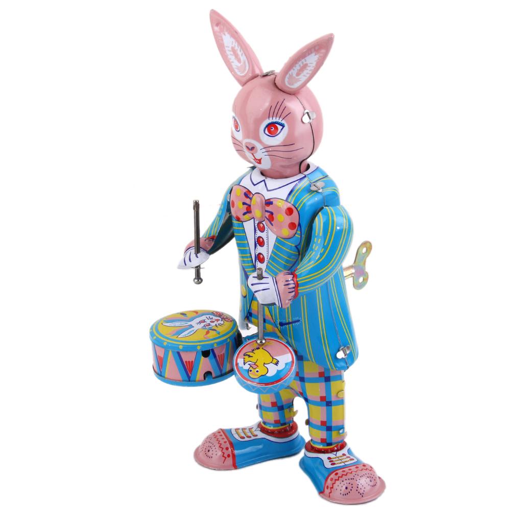 Vintage Wind Up Mr. Rabbit Bunny Drummer Clockwork W/ Key Tin Toy Xmas Gift