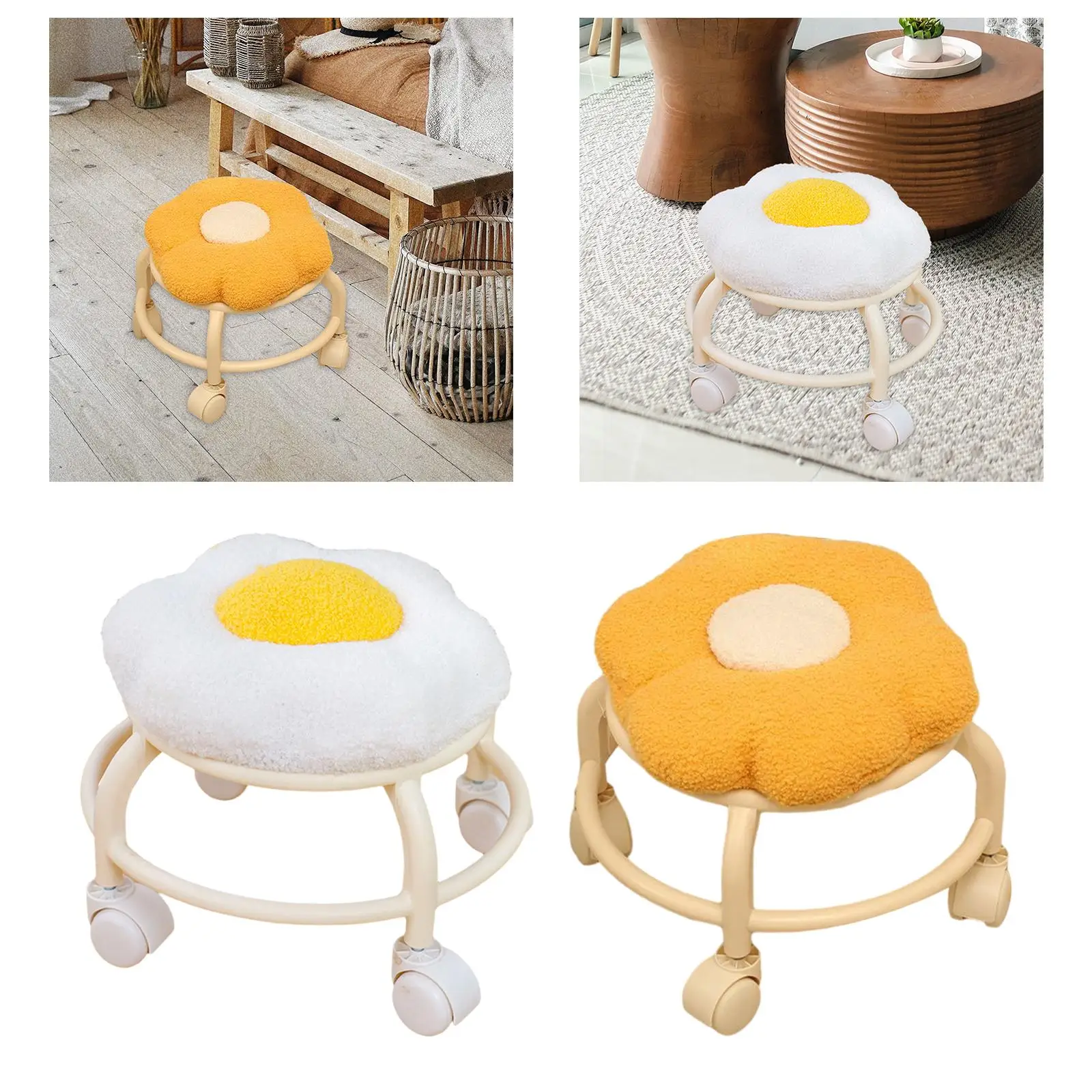 Low Rolling Stool with Wheels Flower Shape Comfortable Cute Low Small Stool Footrest for Garage Bedside Porch Kitchen Playroom