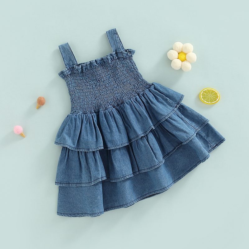 Focus norm 0-4y Sommer Prinzessin Baby Mädchen Kleid blau Denim Rüschen ärmel los hohe Taille geschichtet Sommerkleid – Detail 3