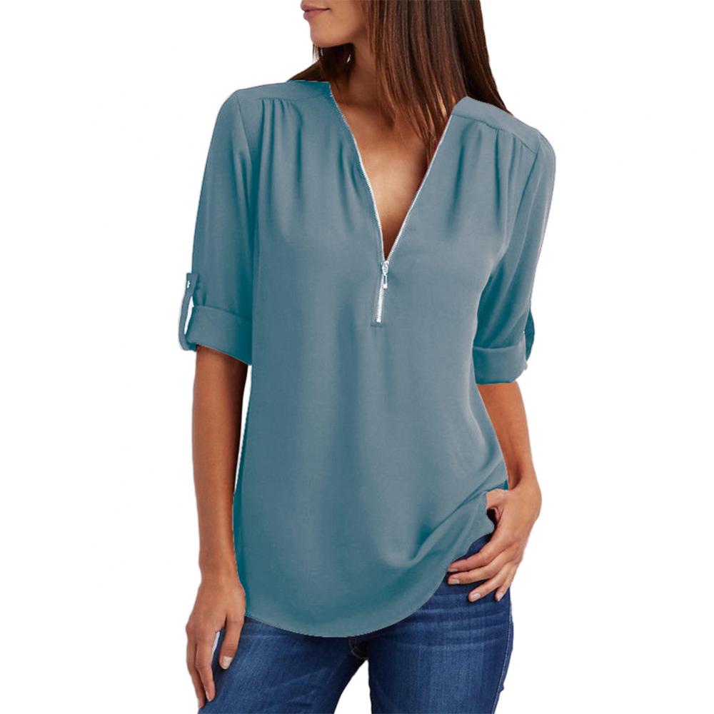 Title 22, Casual Office Lady Blouses Sexy Solid Color Zip...