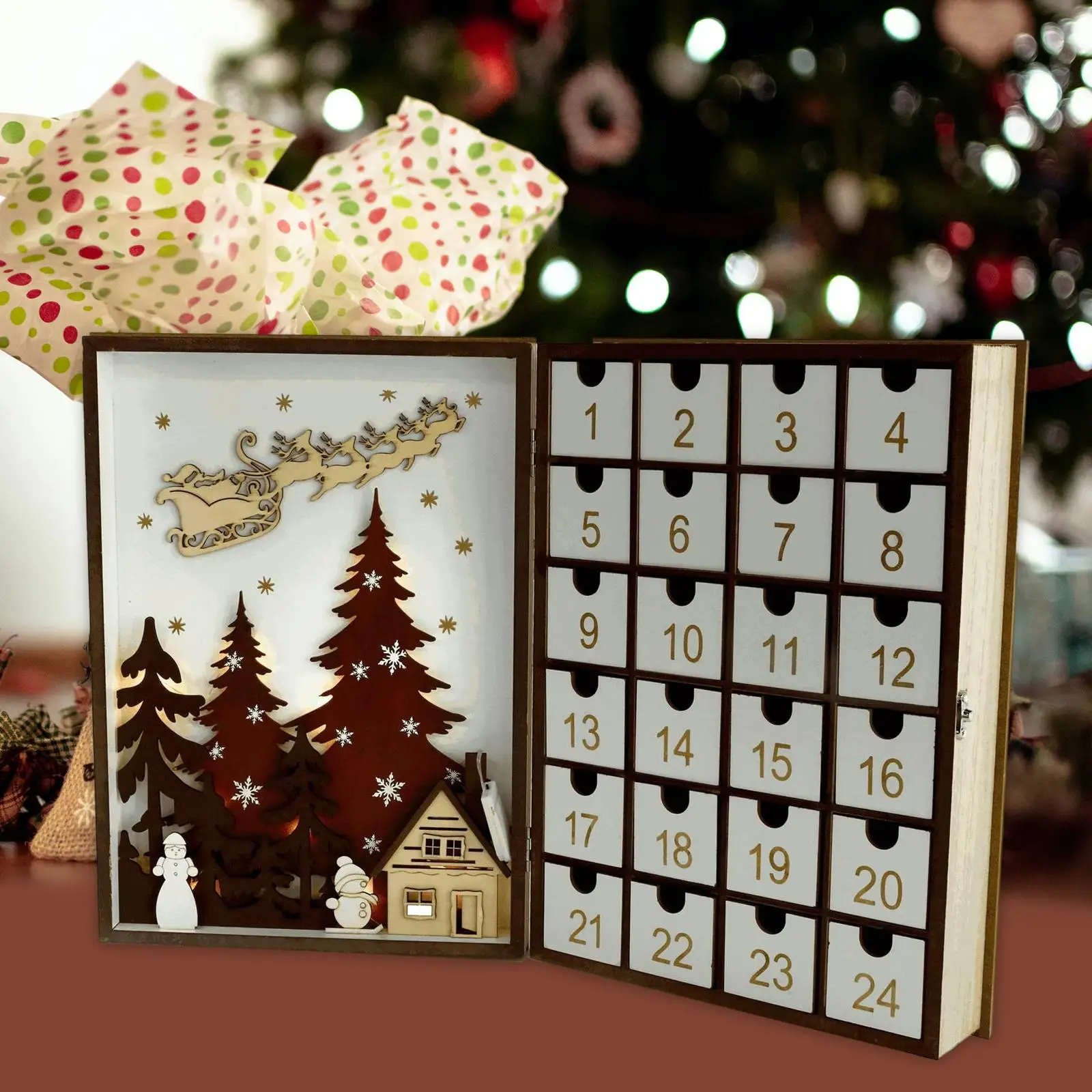 Wooden advent calendar Book Durable with Drawers Advent Calendar for Holiday