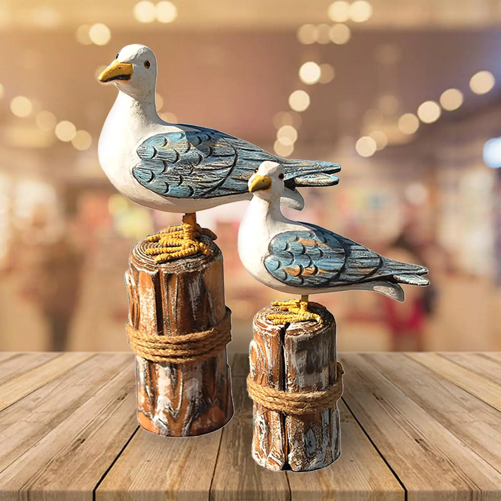 2Pcs Rustic Bird Statue Ornament Wooden Seagull Figurines for Garden Cabinet Decor