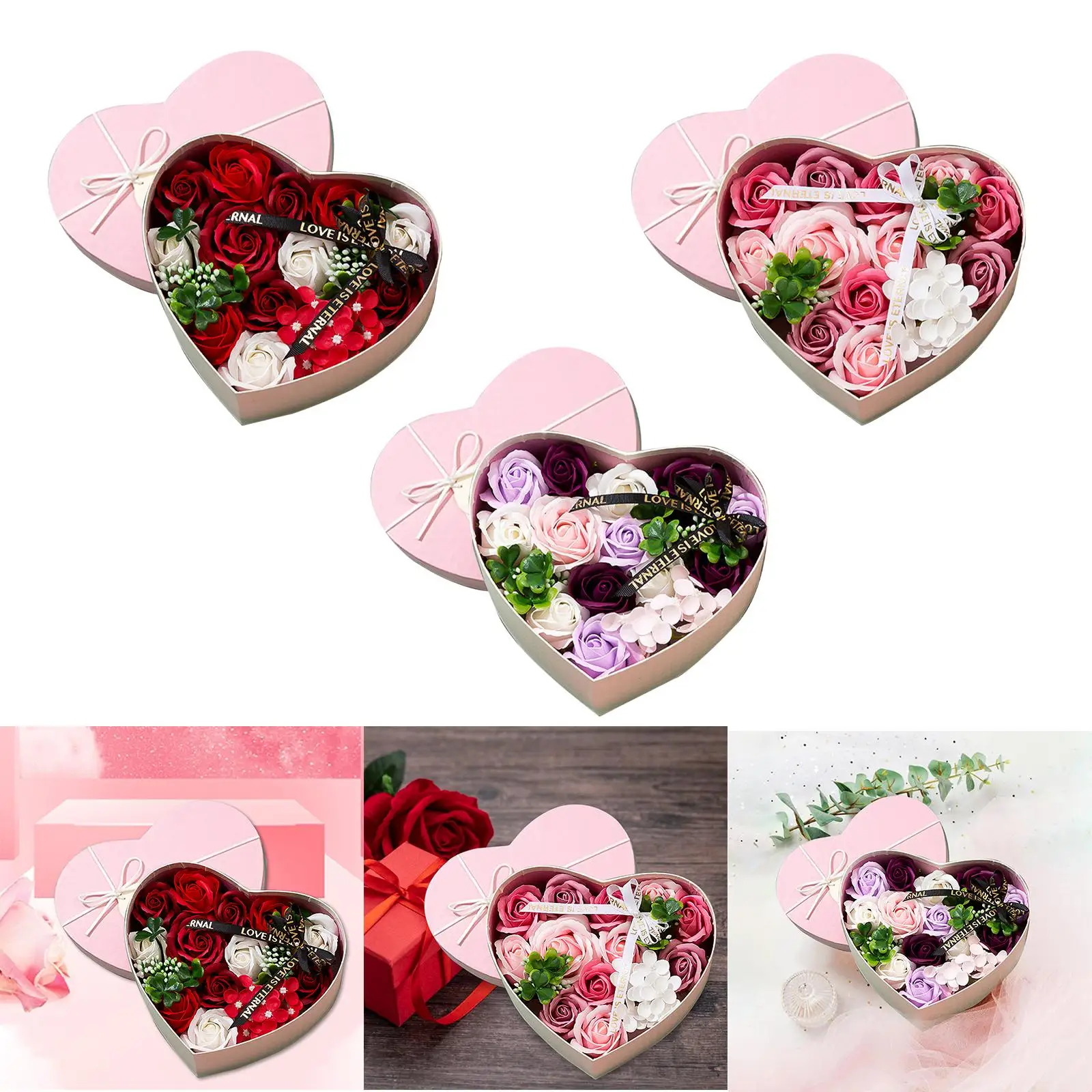 Artificial Soap Flower Bouquet Home Decoration Flower Heart Shape Box for Wedding Anniversary Mother`s Day Birthday Boyfriends