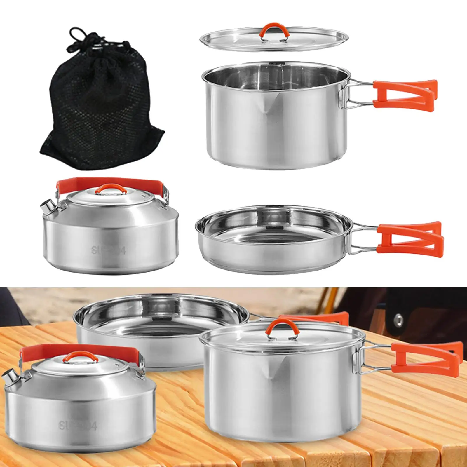 Camping Cookware Included Mesh Carry Bag 3Pcs/Set Durable Camping Pot and Pan for Backpacking Picnic Hiking Outdoor Accessories