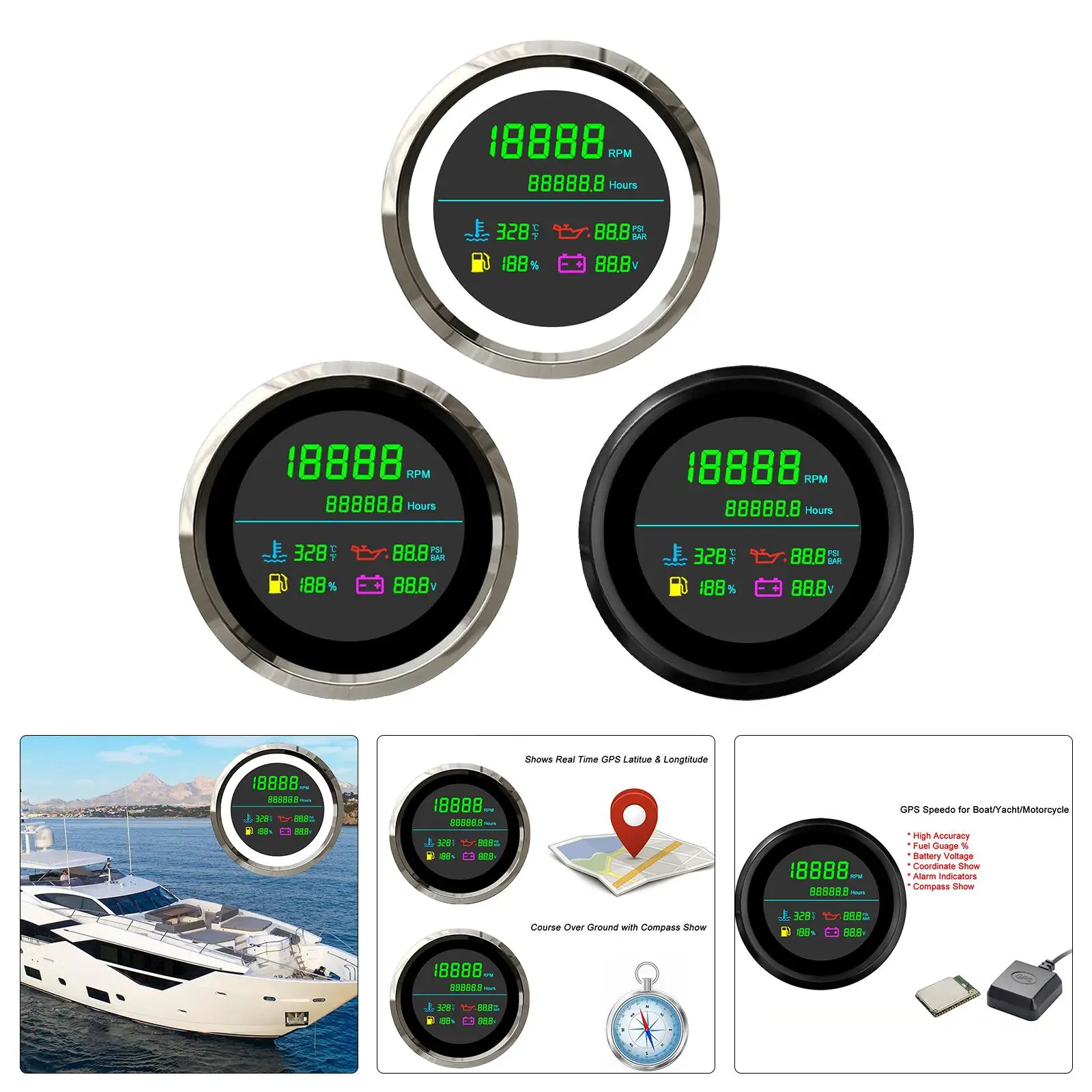 GPS Speedometer IP67 Waterproof 12V/24V Universal Fuel Level Voltmeter GPS Speed Gauge for Boat Yachts Marine Generators