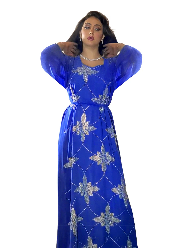 Eid Morocco Party Dress Women Muslim Abaya Diamond Ramadan Chiffon Dubai Abayas Kaftan Elegant Robe Vestidos Turkey Gown 2023