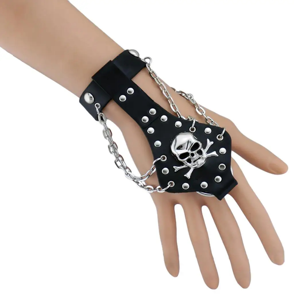 Skull Bracelet With Attached Leather Bangle Wristband Gothic 