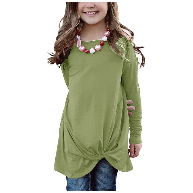 Camiseta de moda para niñas, color sólido, casual, túnica de manga larga,  holgada, cuello redondo, para niña (verde, 6-7 años)