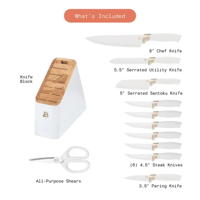 12 Piece Knife Block Set with Soft-Grip Ergonomic Handles White and Gold by Drew  Barrymore - AliExpress