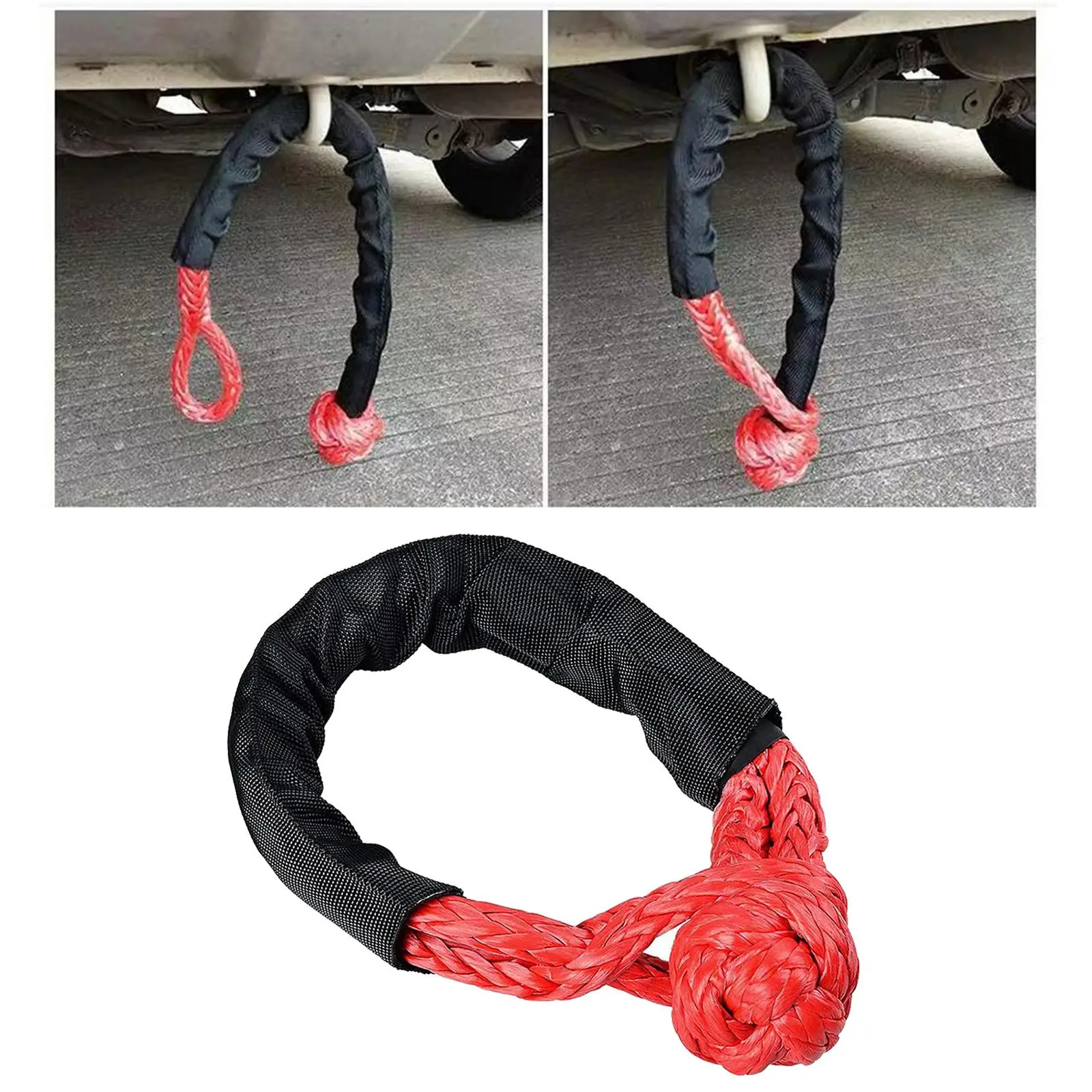 Car Tow Rope Shackle w/Winch Snatch  Ring, Synthetic  Rope Truck Emergency Traction Rope w/Protective Sleeve, Breaking Strength