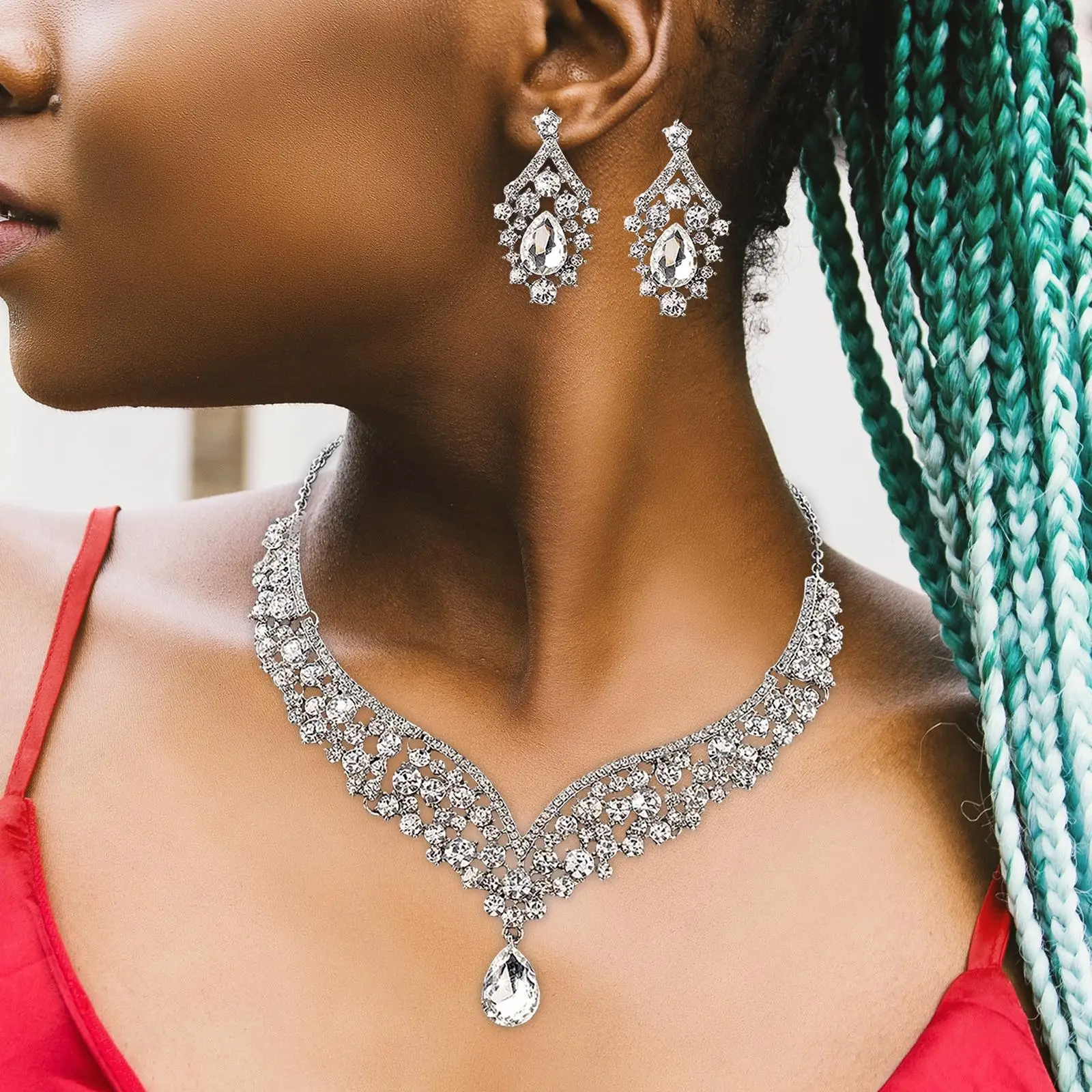 Fashion Crystal Bridal Jewelry Set Water Drop Rhinestone Pendant for Women