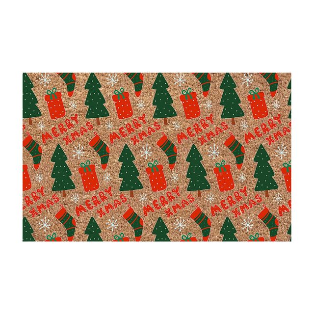 Christmas Door Mat Indoor Entrance Christmas Winter Scenery Red Truck Pull  Xmas Tree on Wooden Grain Front Door Mat Non-Slip Absorbent Kitchen Doormat