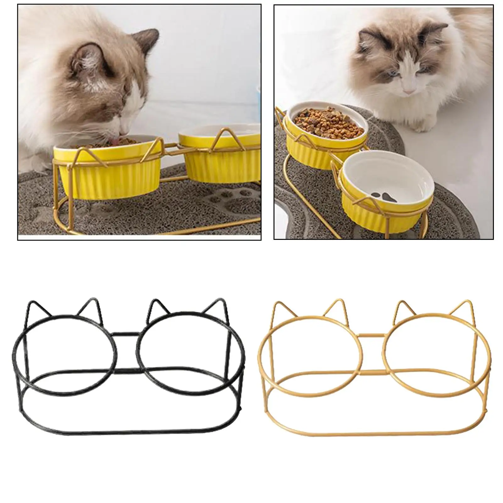 Cute Cat Bowls Raised Stand Neck Guard Stand with Metal Raised Stand Retro Double  Cat Bowls for Pet Ceramic Bowl Cat Dishes