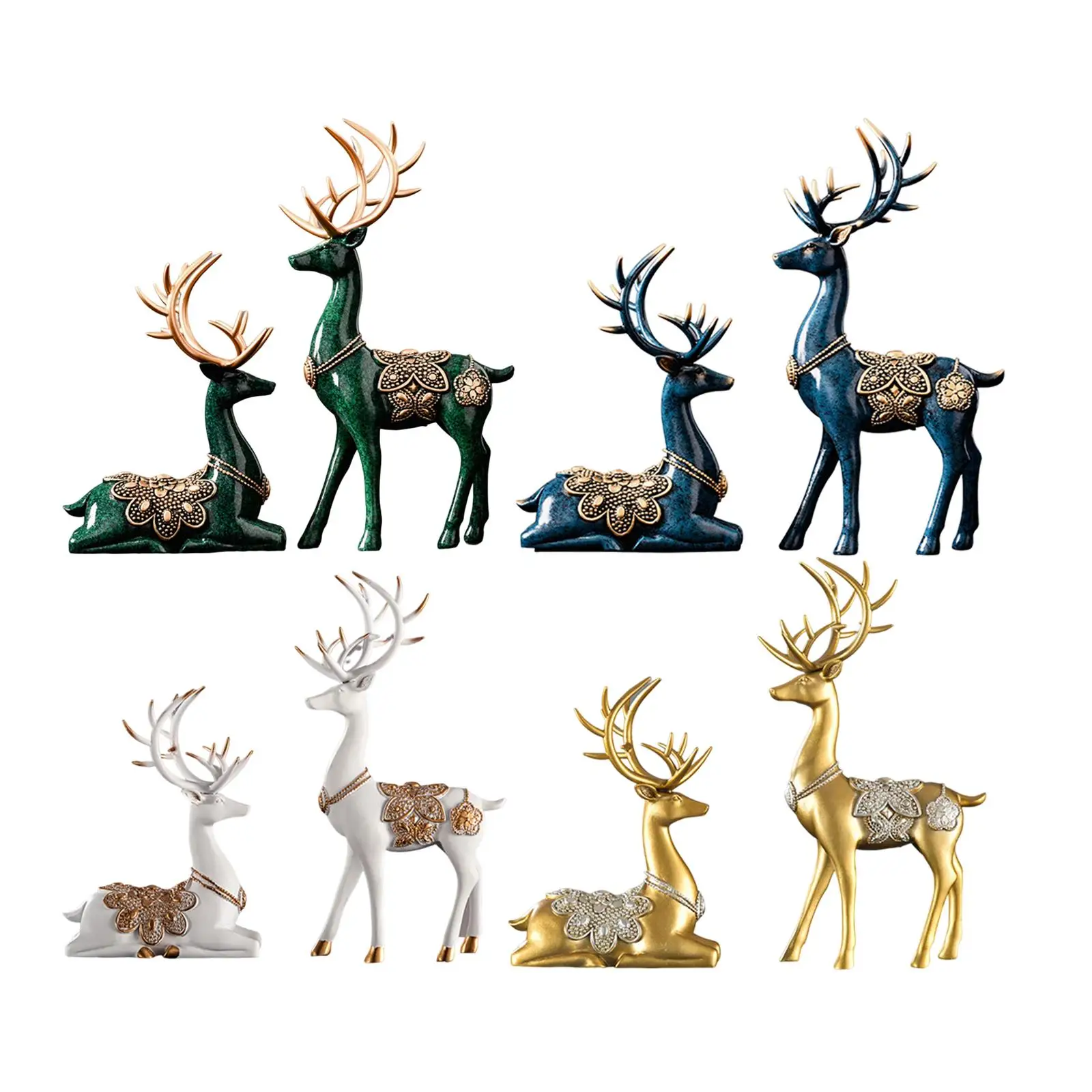 2Pcs Deer Figurines Decors Reindeer Sculptures Bookshelf Home Elk Statues