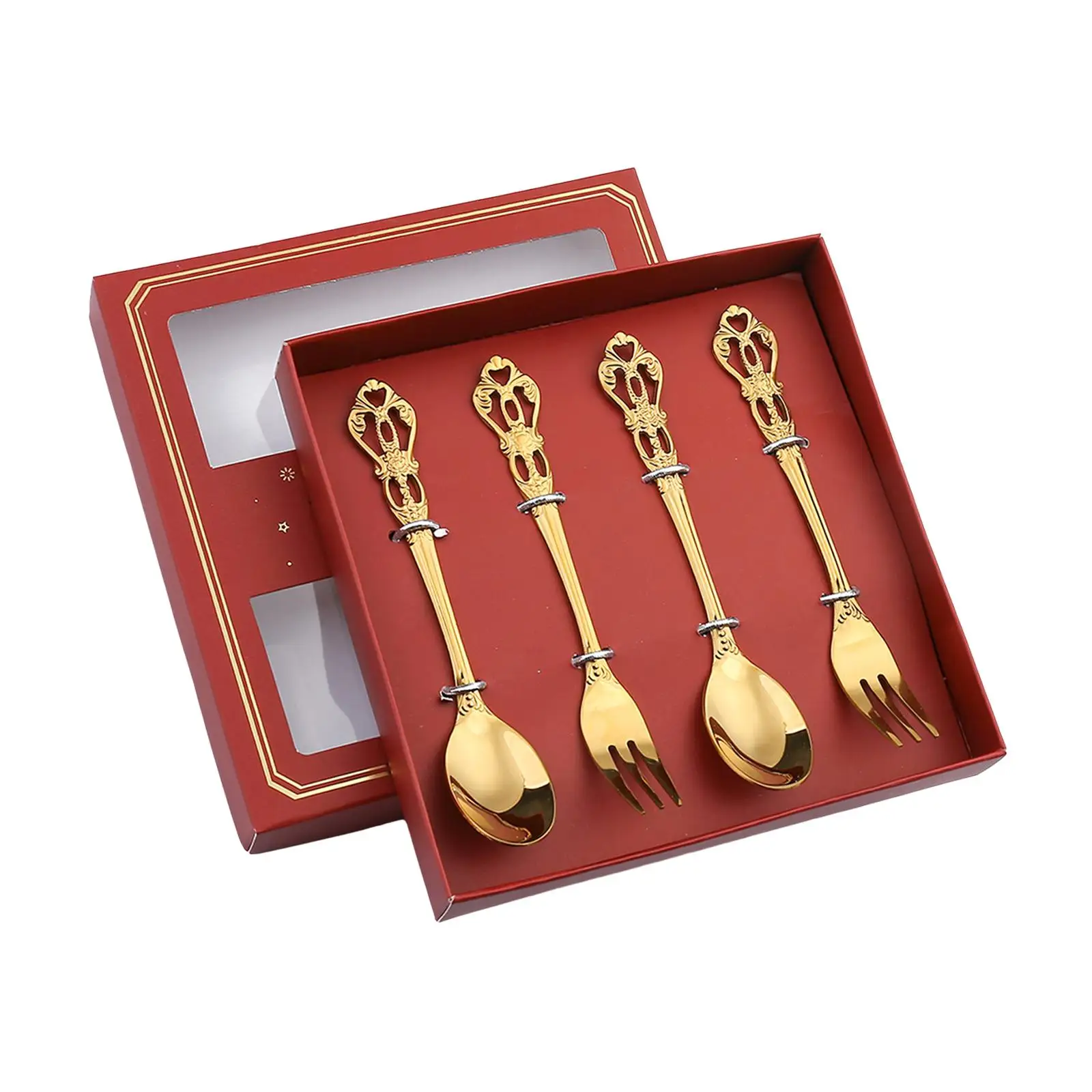 4Pcs Spoons Forks Set Stainless Steel with Gift Box Pastry Forks and Tea Spoon Set for Wedding Sugar Ice Cream Salad Cake
