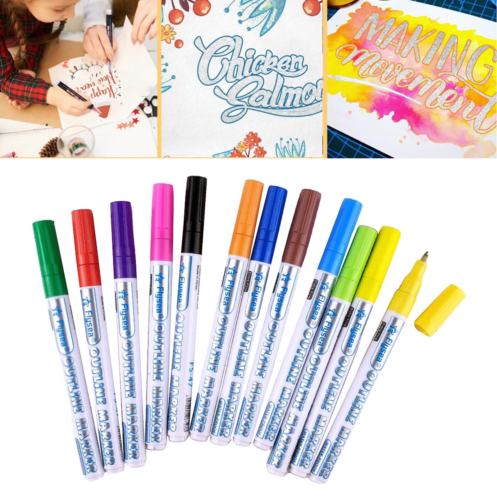 Outline Metallic Markers, Double Line Shimmer Paint Pens Set of 8/12 For Kids Adults Drawing Art Signature Coloring Journal DIY
