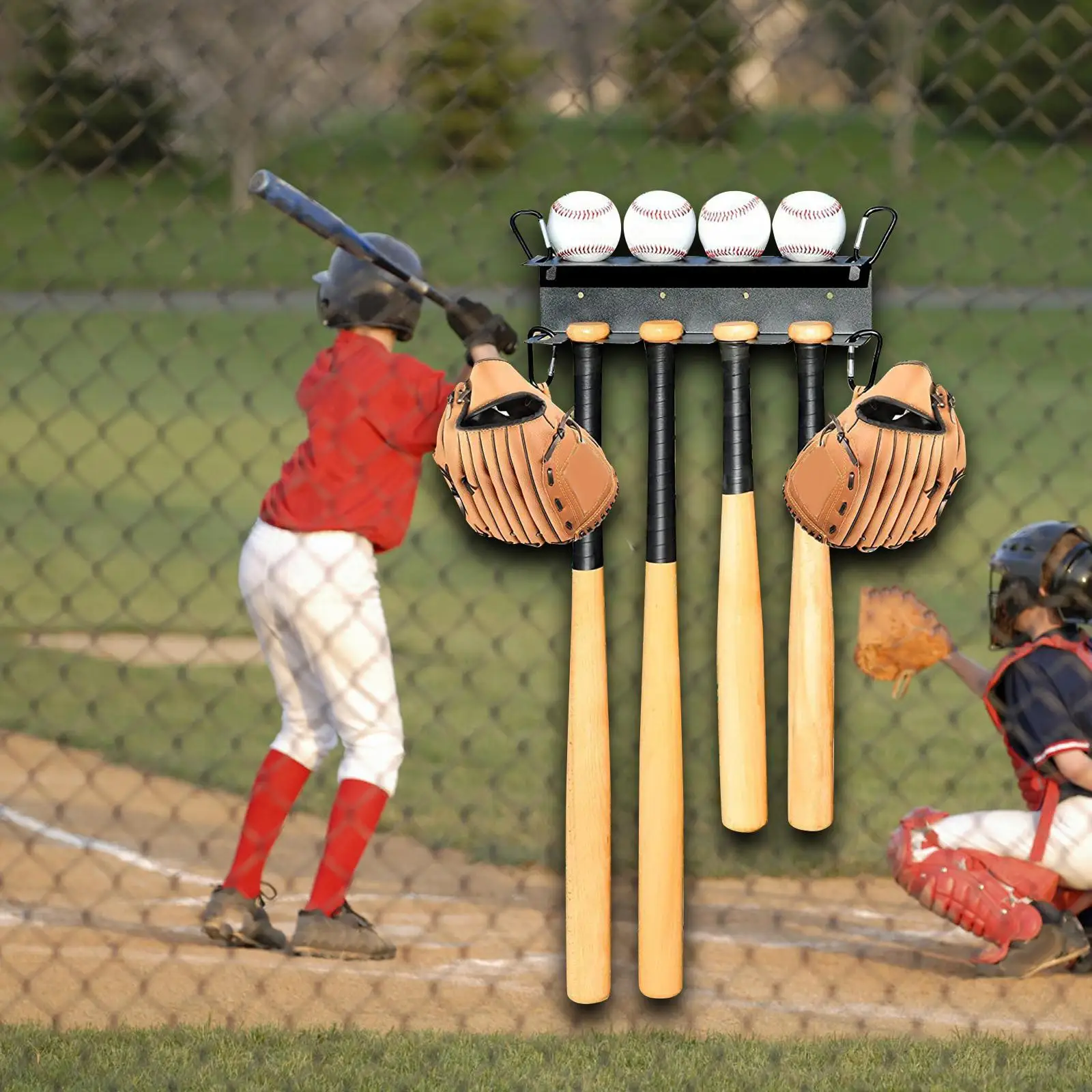 Baseball Bats Shelf Ball Rack Organizer Hold 4 Bats 4 Balls Display Hanger for Sports