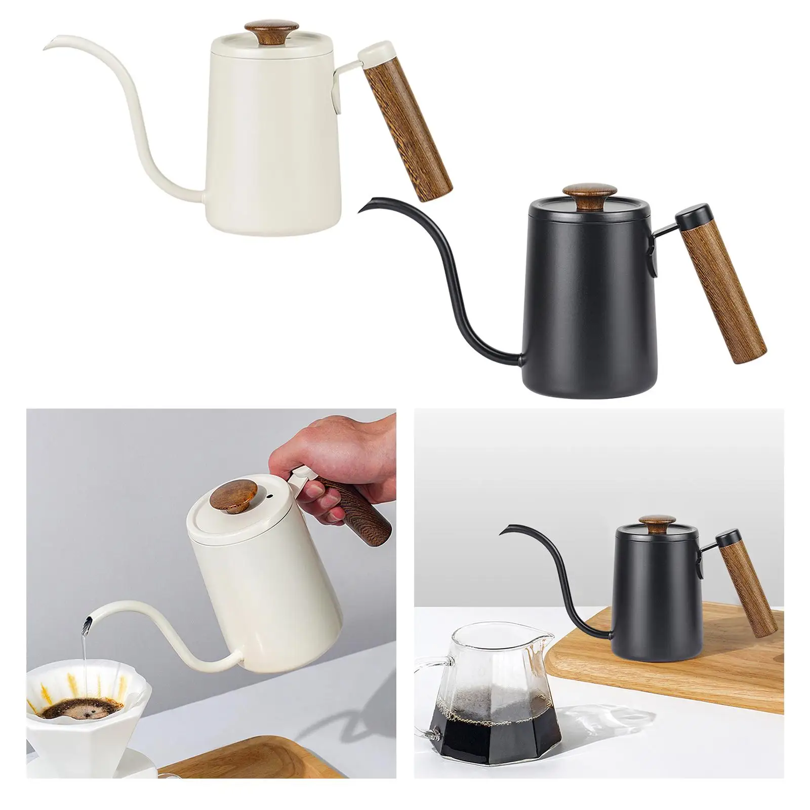 Pour over Coffee Kettle 600ml Anti Hot Wooden Handle Stainless Steel Drip Coffee Kettle for Barista Gift Cafe Bar Outdoor Indoor