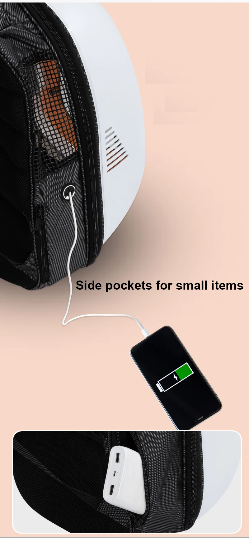 Una mochila con bolsillo lateral diseñada para objetos pequeños. Dentro del bolsillo, hay un teléfono inteligente con un cable de carga conectado, lo que indica que el bolsillo está equipado con un puerto USB para cargar dispositivos. El teléfono inteligente muestra un ícono de batería con una barra verde, lo que sugiere que se está cargando actualmente.