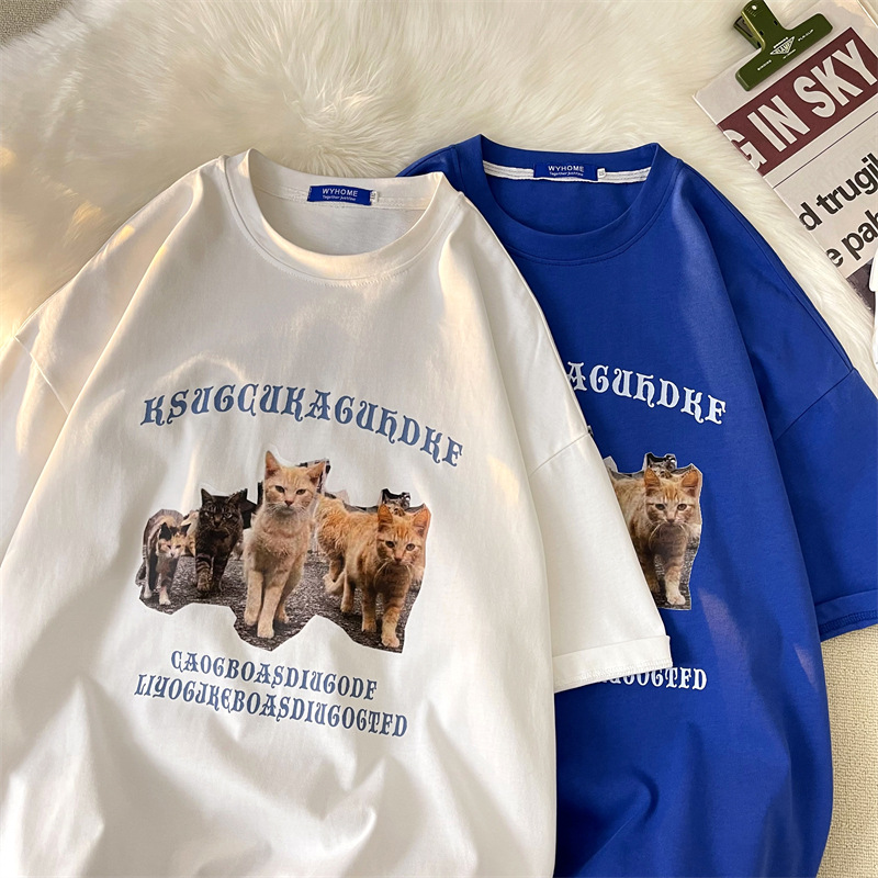 Vintage Female Cat Print T Shirt Summer New Youth Trend Short-sleeved T-shirt Men Clothing Haruku Punk T-shirt Oversized238_voghion.com