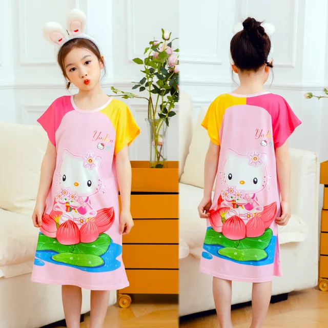 Sanrio Cartoon Summer Cute Dress Women Hello Kitty Short Sleeve Sleepshirts  Medium Long Style Nightgowns Y2k Soft Home Clothes 