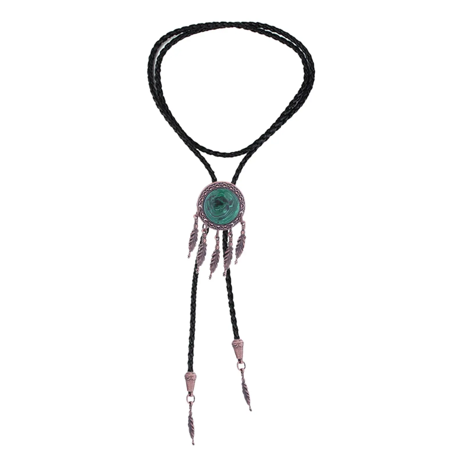 Retro Bolo Tie Green Pendant Necktie PU Leather Men Women Gift Adjustable Costume Shirt Chain Necklace Tie for Party Birthday