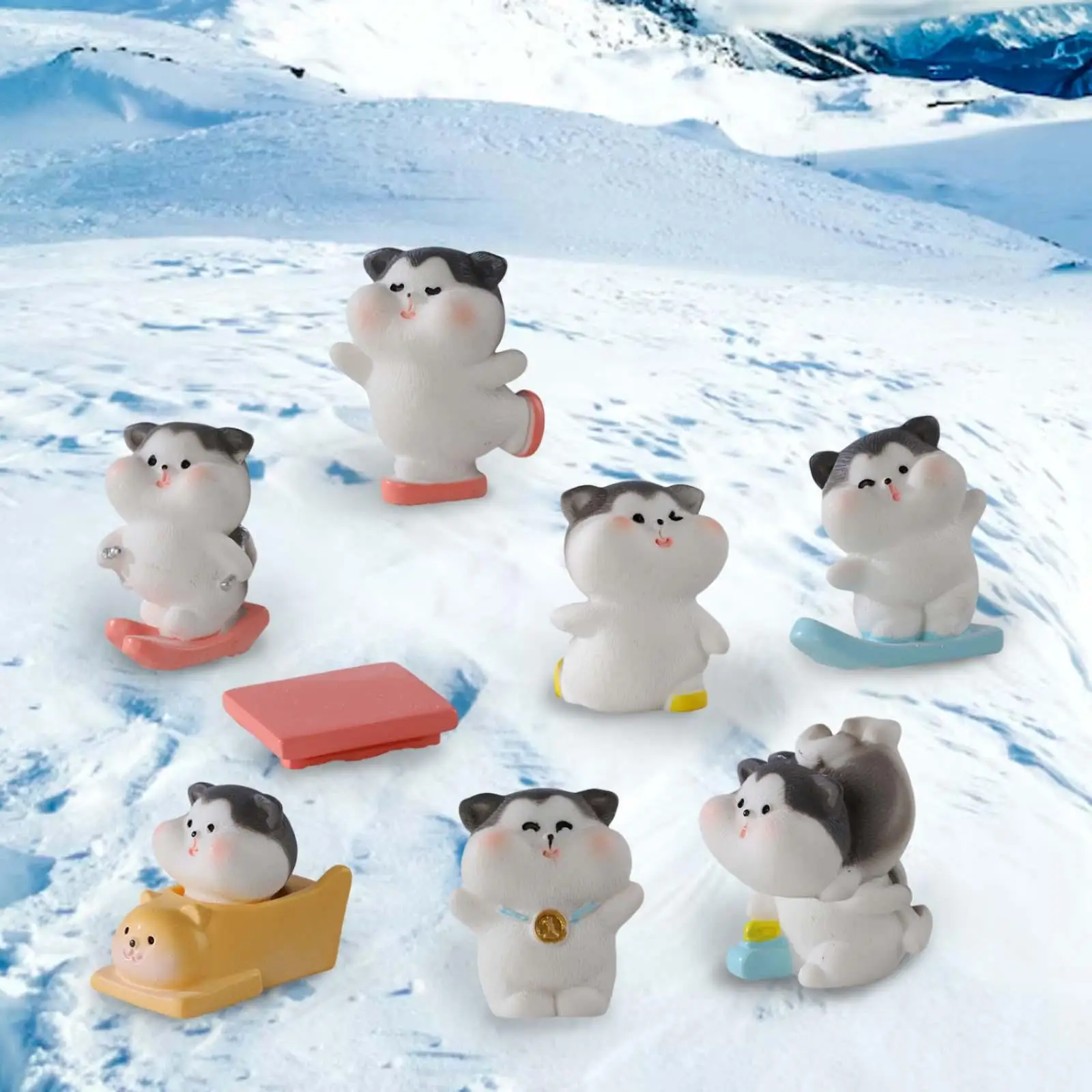 9Pcs cat Figurine Miniature Landscape Micro decor Decoration Ornament Sporting Skiing Cat for Home Decor Gift