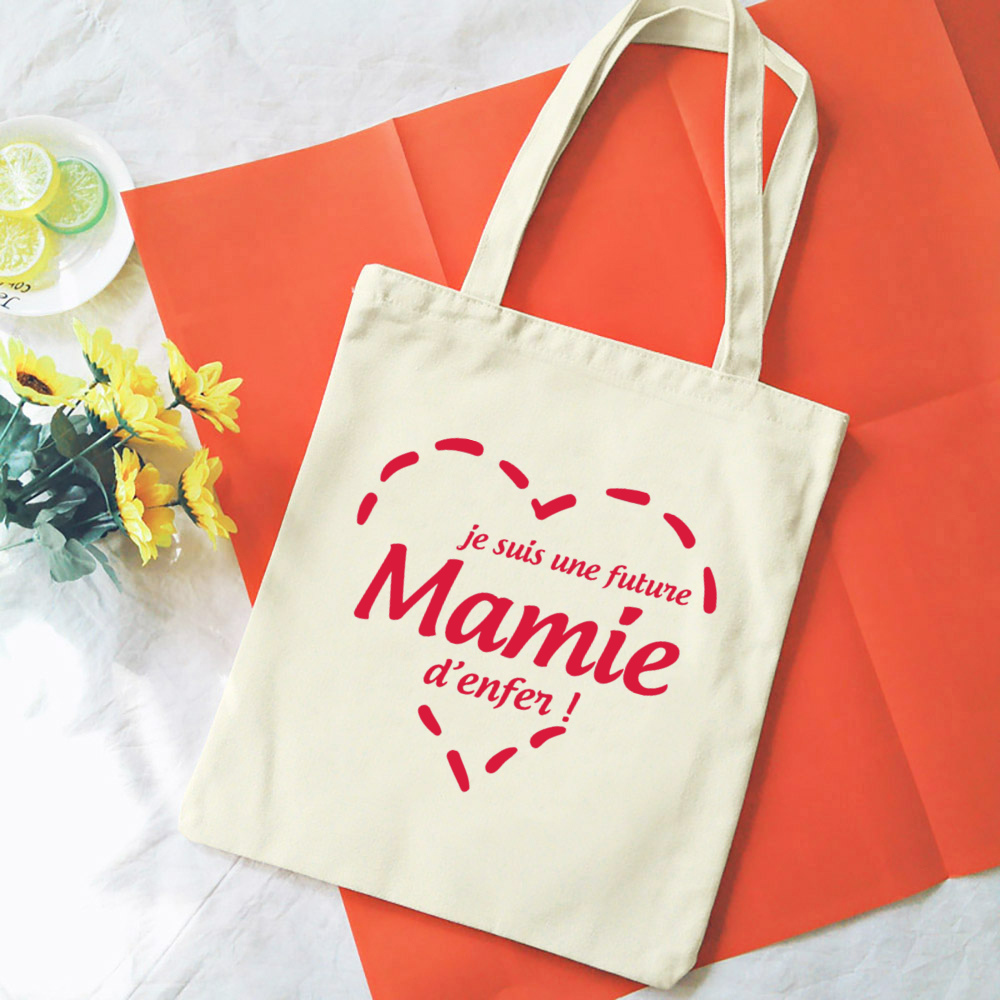 Französische Mamie-Druck-Schultertaschen aus Segeltuch, weibliche Einkaufstaschen, Damen-Reisehandtaschen, umweltfreundliche, wiederverwendbare Aufbewahrungstasche, Geschenke für Oma – Detail 21