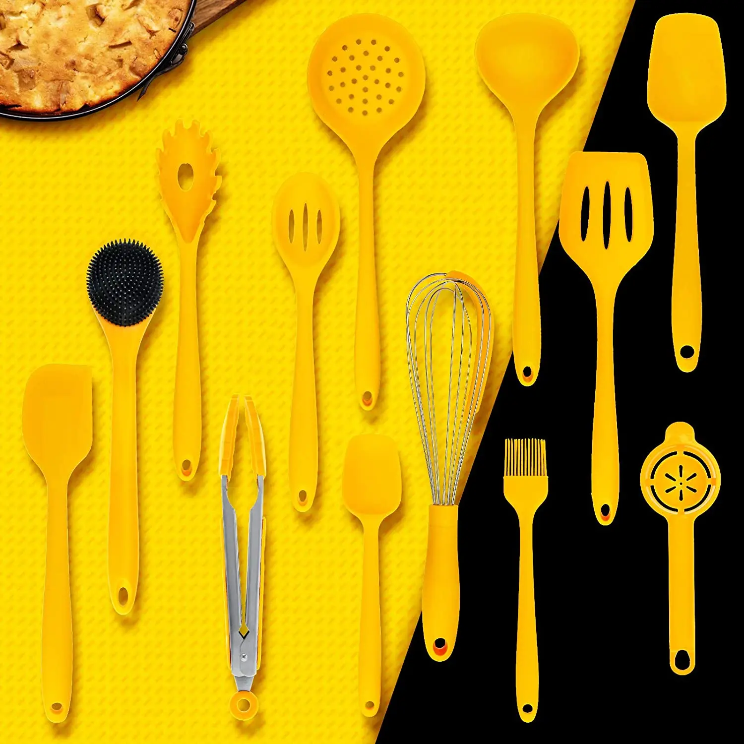 14pcs Kitchen Utensil Set Yellow with 10 S-Hooks Non-Stick Heat Resistant Silicone Spatula Colander Set Cookware Kitchen Tools