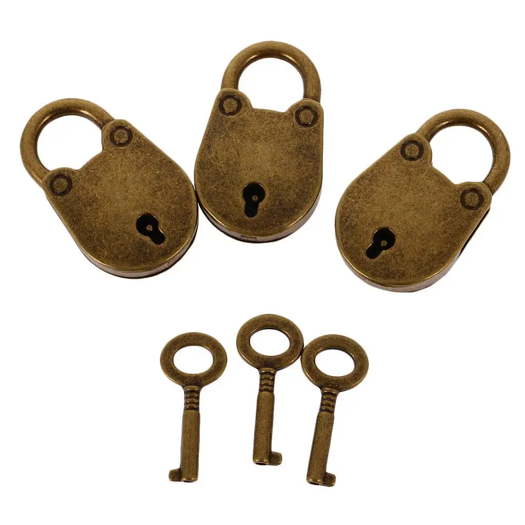 3 Pcs Mini Bronze  Padlock Small Metal Padlock Archaize  Keyed Padlock  with Key