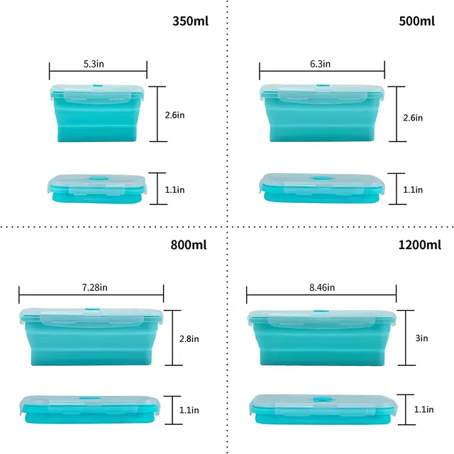 VIGIND Set of 4 Collapsible Foldable Silicone Food Storage Container,  Leftover Meal Box With Airtight Plastic Lids For Kitchen, Bento Lunch