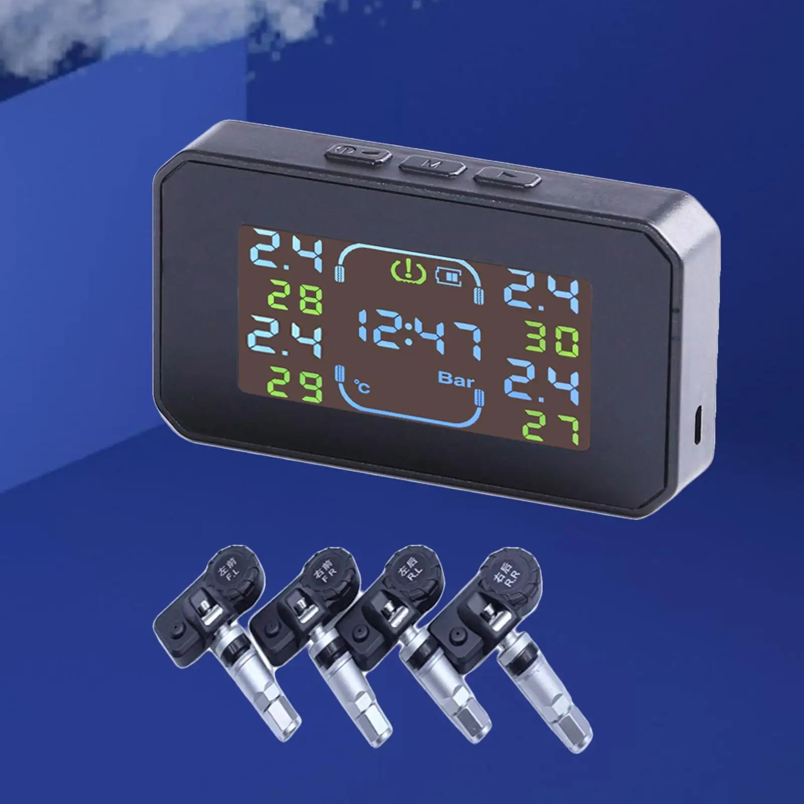 Solar and USB Charge Tire Pressure  System w/ 4 External Sensor Monitor Temperature Alerts Time  Alarm Modes