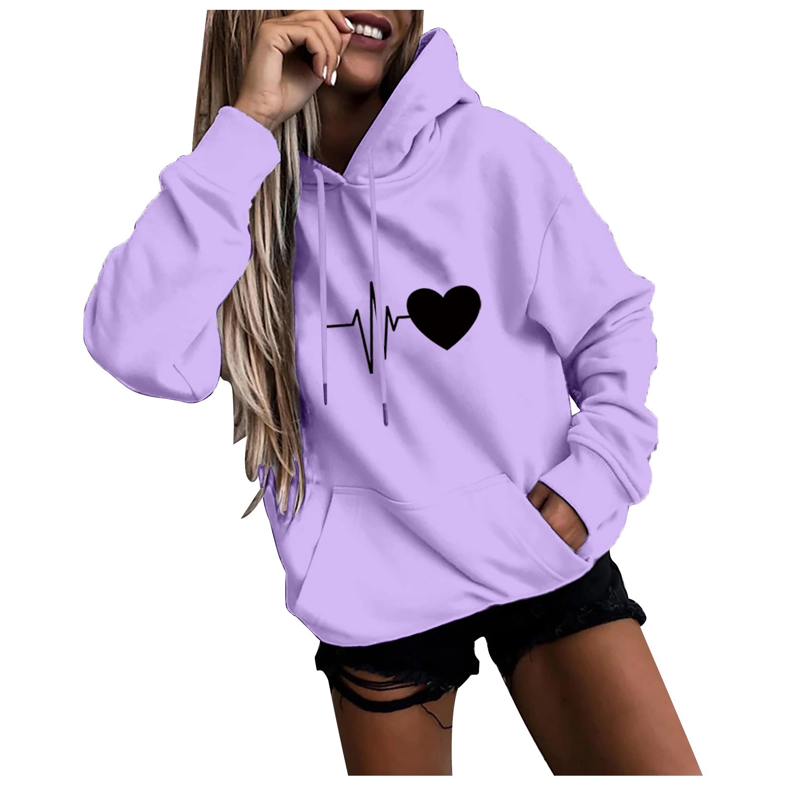 Hoodies com estampa de coração manga comprida