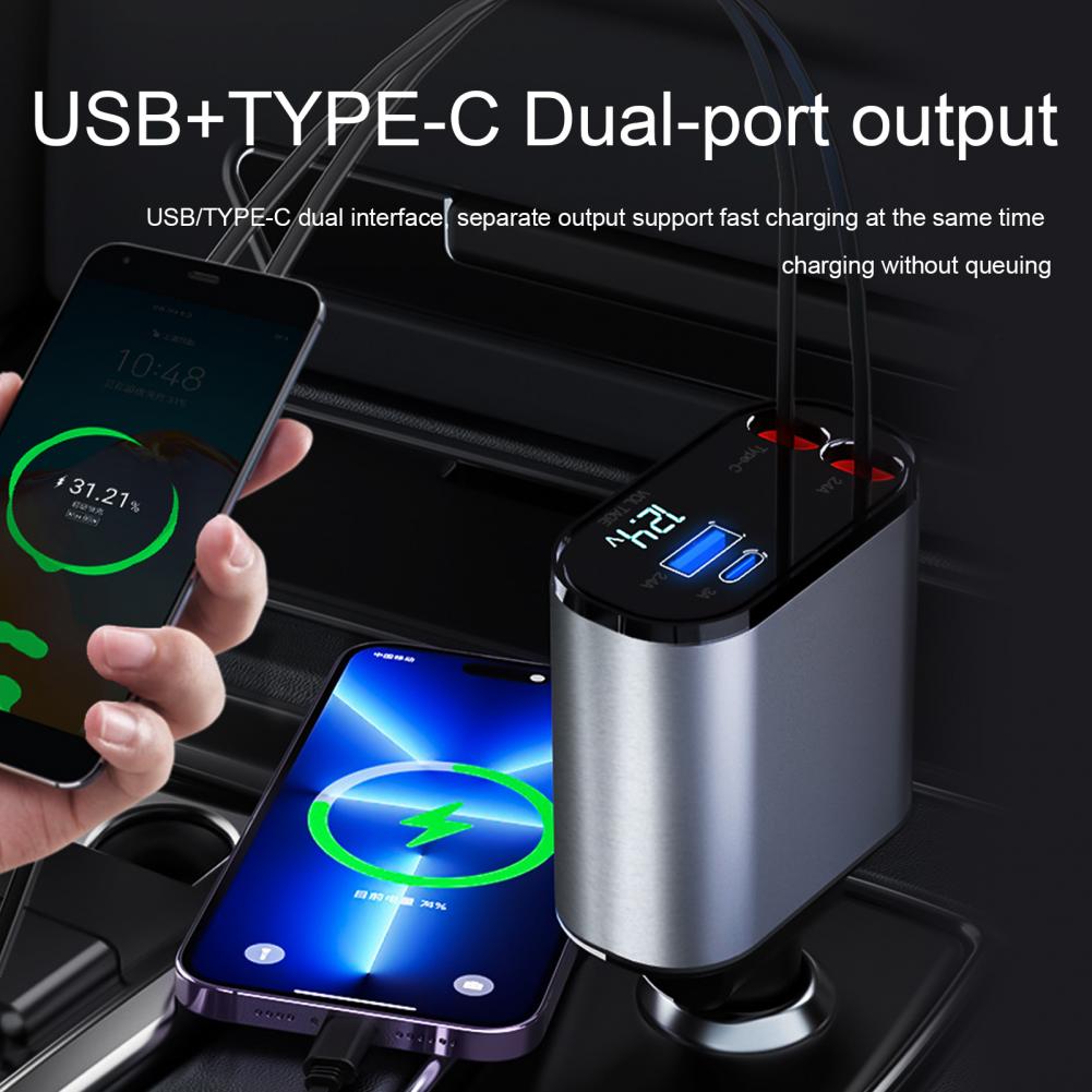 Автомобильное зарядное устройство с двойным выдвижным кабелем USB Type-C 3  А 100 А напряжение Вт Быстрая зарядка автомобильный адаптер для зарядки ...