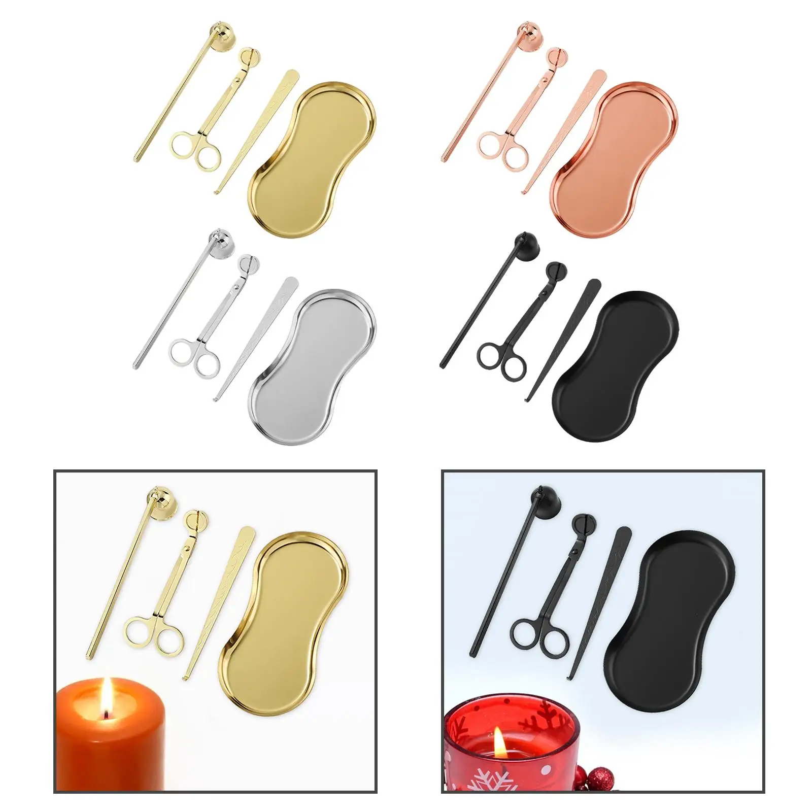 4 in 1 Candle Wick Trimmer Snuffer Set Candle Wick Clipper Exquisite Multipurpose Sturdy with Tray Plate Stainless Steel
