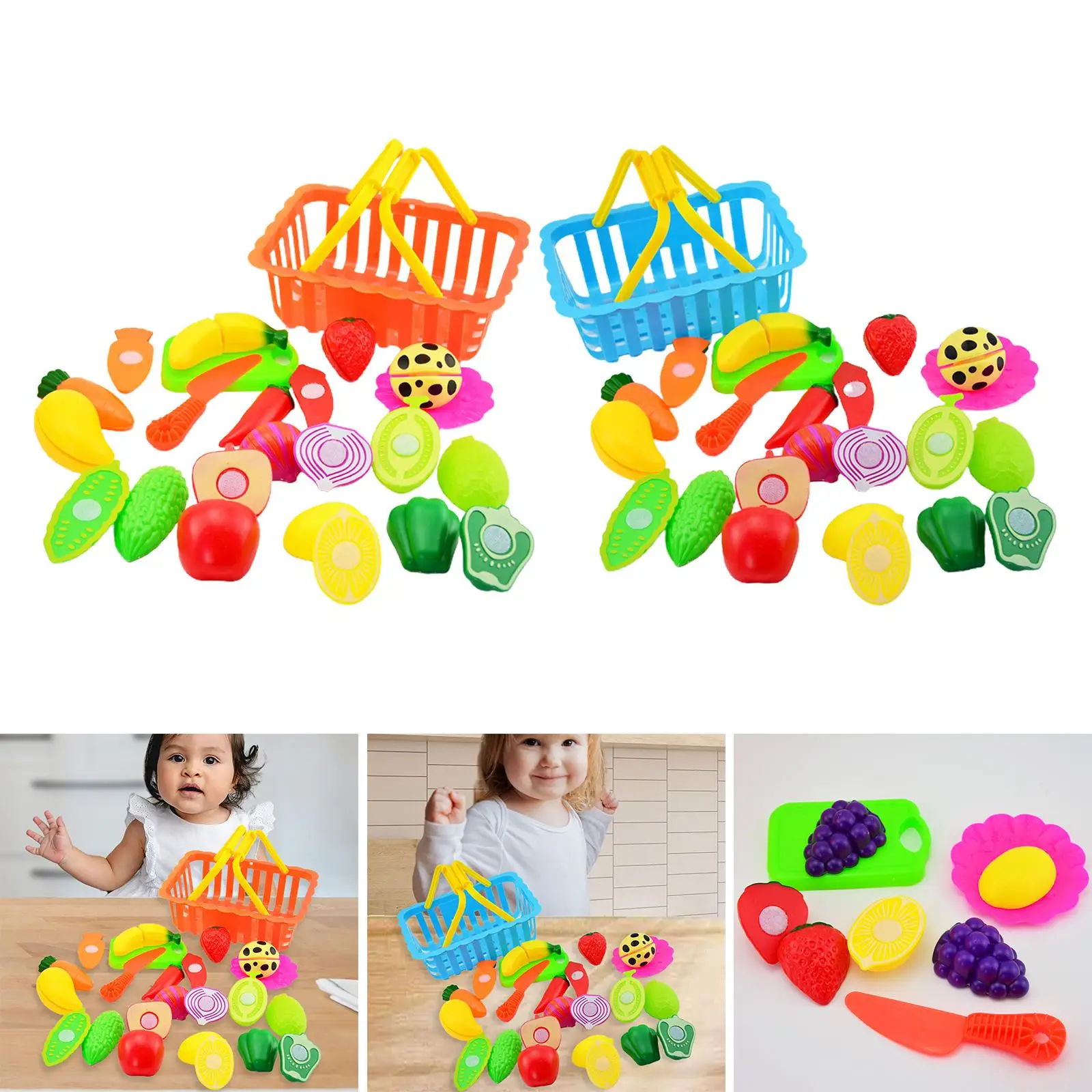 Pretend  Set Vegetables and Fruits Role  Simulation Cutting  Food for Over 3 Years Old Toddlers with Storage Basket