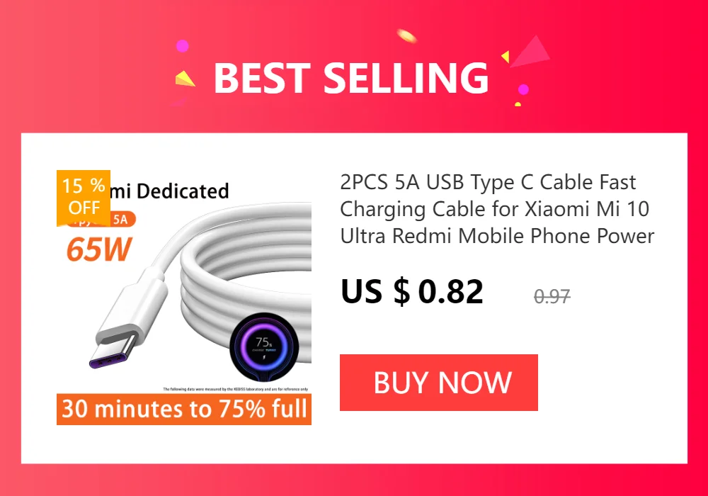 Un anuncio de un producto, específicamente un paquete de 2 cables USB tipo C. Los cables están dedicados a Xiaomi Mi 10 y se describen como cables de carga rápida para Ultra Redmi Mobile Phone Power. El precio aparece como US $0.