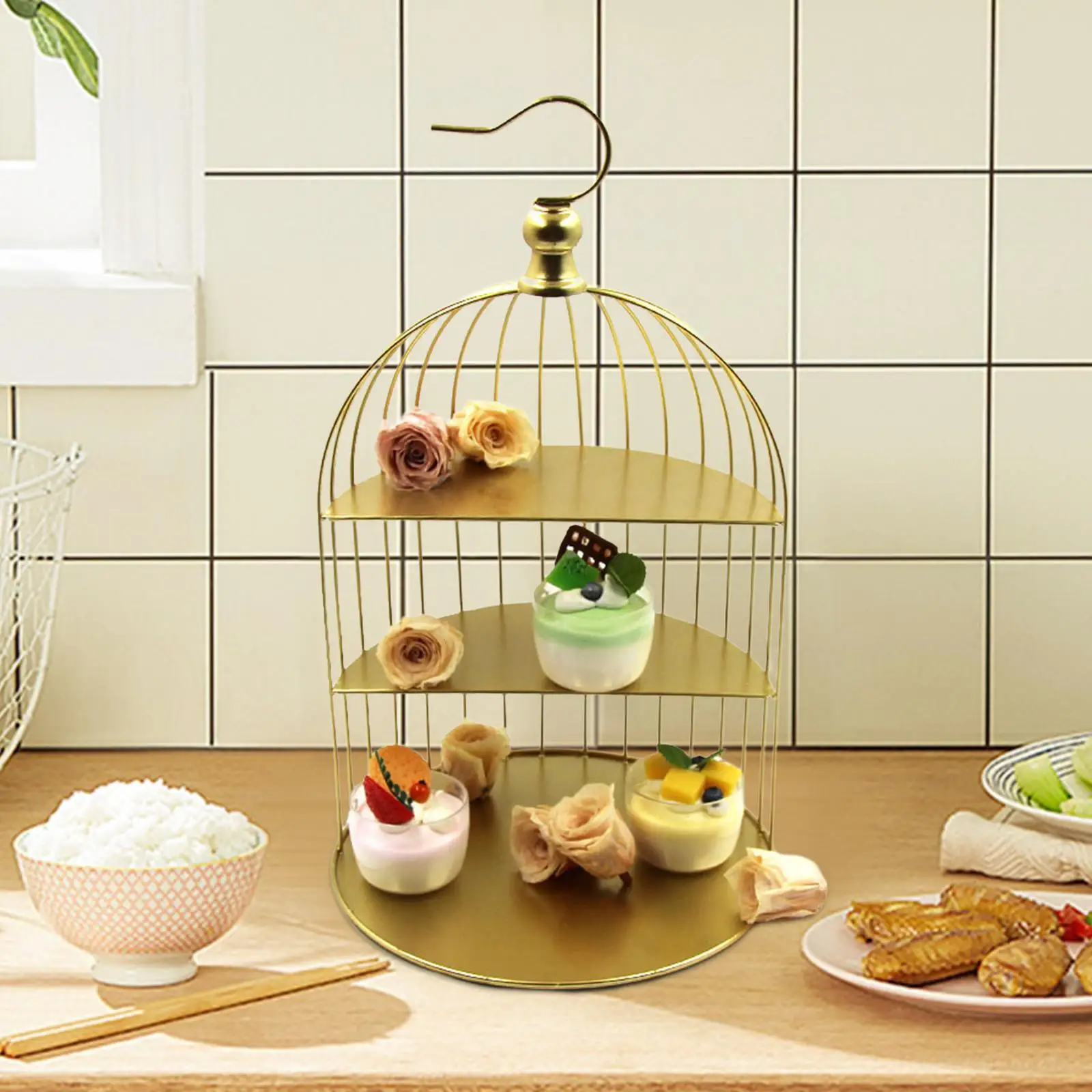 Birdcage Cake Stand Cosmetic Iron 3 Tier Art Desktop Make up Bird Cage Food Container Holder Countertop Iron Cake Display Basket