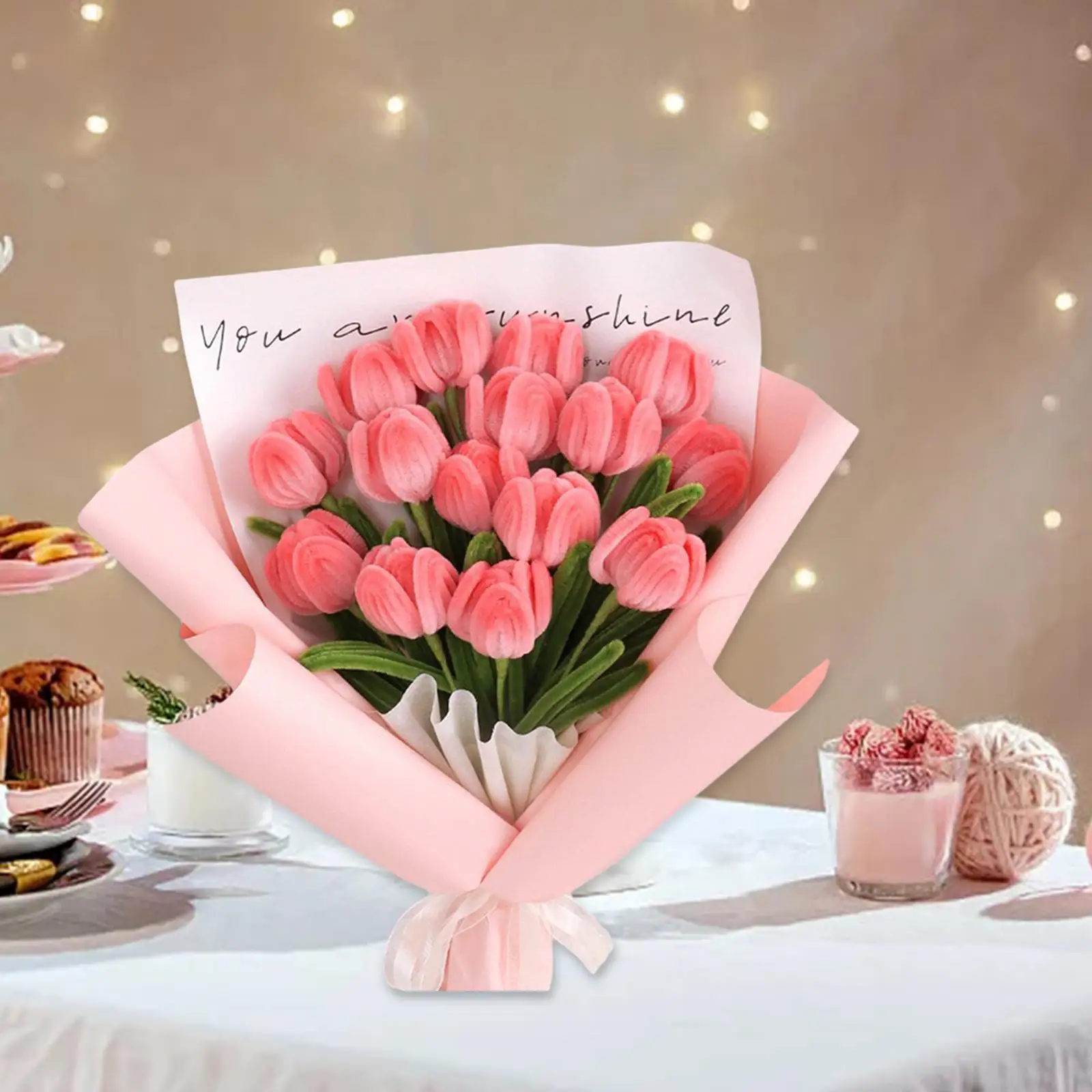 DIY Plush Simulation Flowers Tulip Bouquet Table Bouquet Centerpiece Handmade Flowers with Floral Wrapping Paper