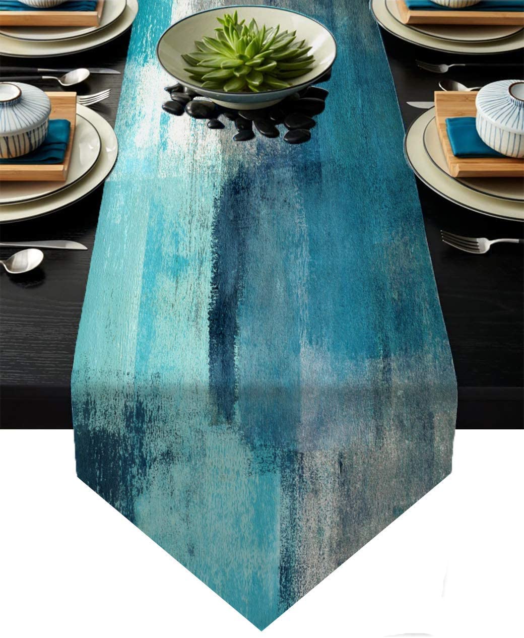 Description Picture 2 of itemGrey Green Table Runner Abstract Modern Art Burlap Tablecloth Table Dresser Runner Farmhouse Style Dinner Holiday Home Decor