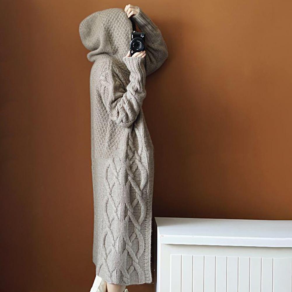2022 Vinter revers strik cardigan kvindelige temperament frakke Casual tyk lang strikket cardigan kvinde plus størrelse ren farve_voghion.com