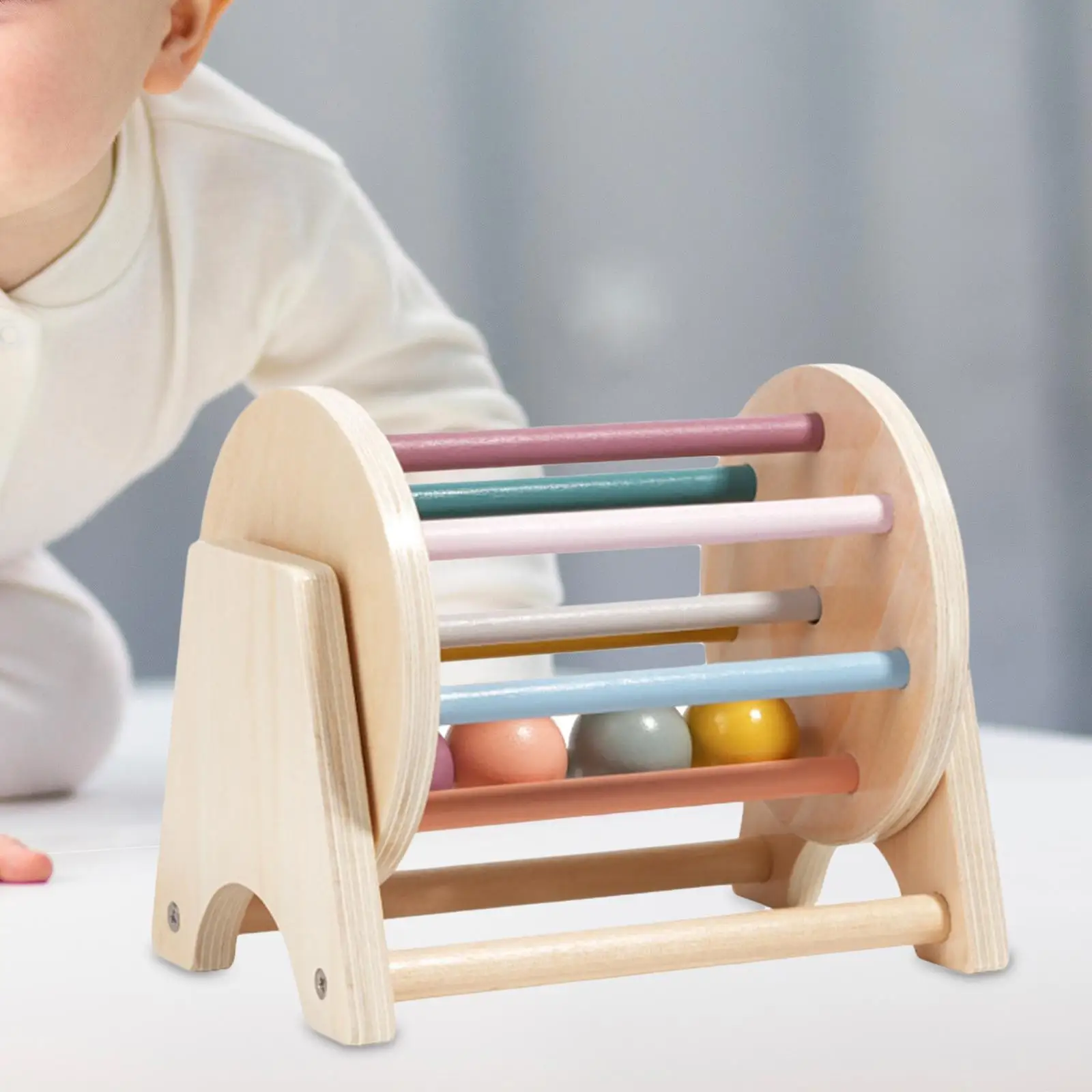Wooden Rolling Drum Toy Hand Eye Coordination Crawling Toy Wooden Rattle Rolling Toy for Boys Girls Kids Ages 6-12 Month Baby
