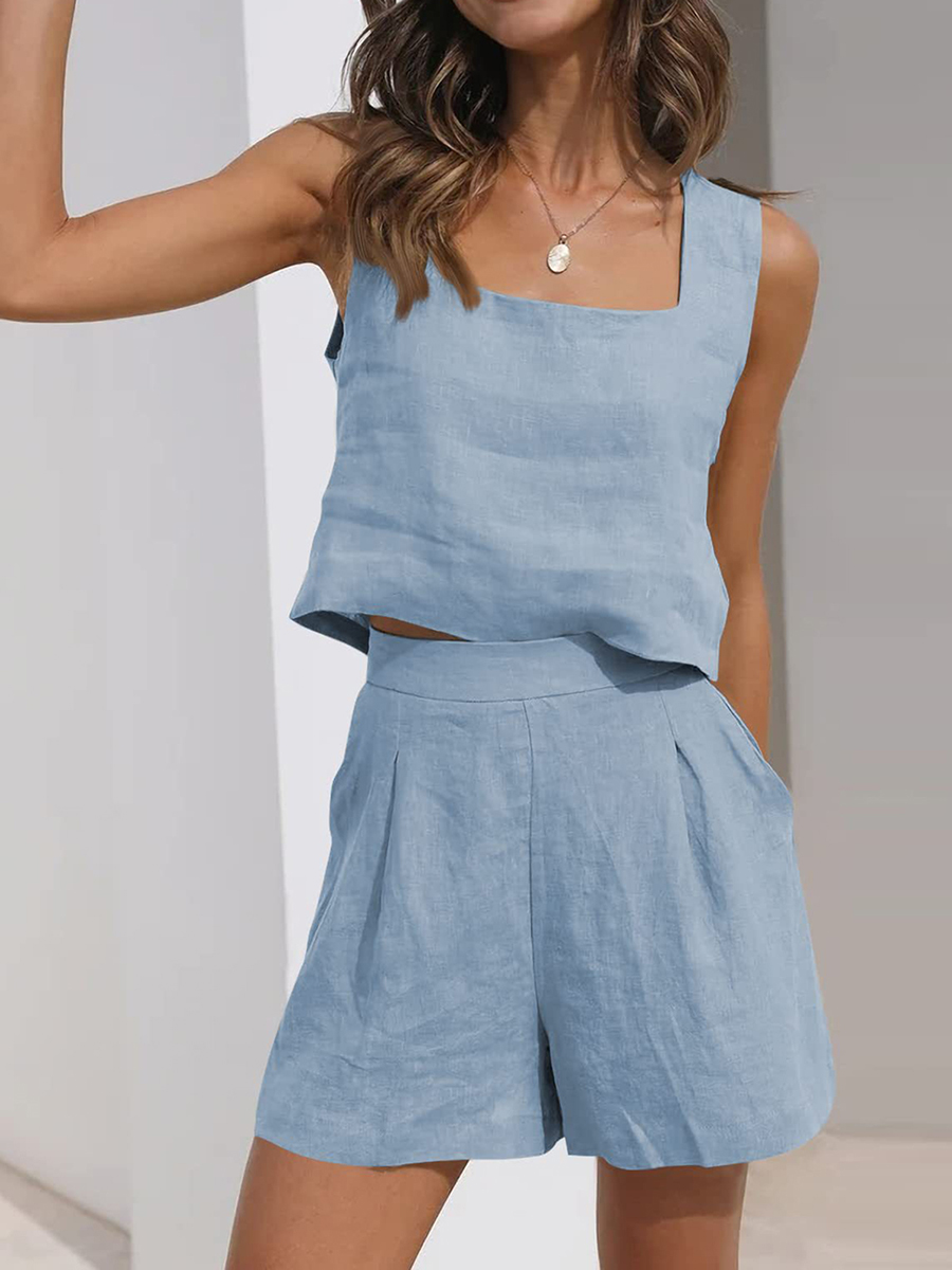 Sets Two Piece Linen Shorts Crop Tops