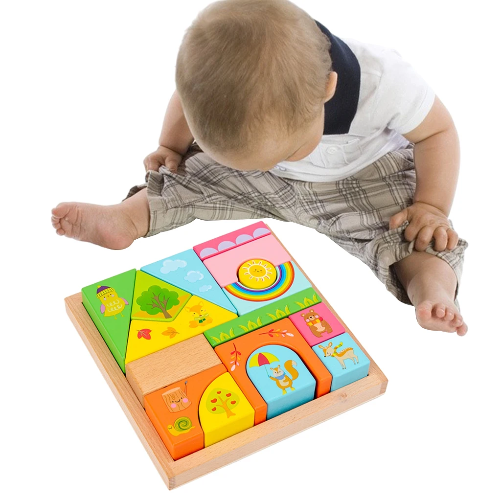 16 Pieces Wooden Building Block Stacking Toy for Baby 2+ Kids Preschool