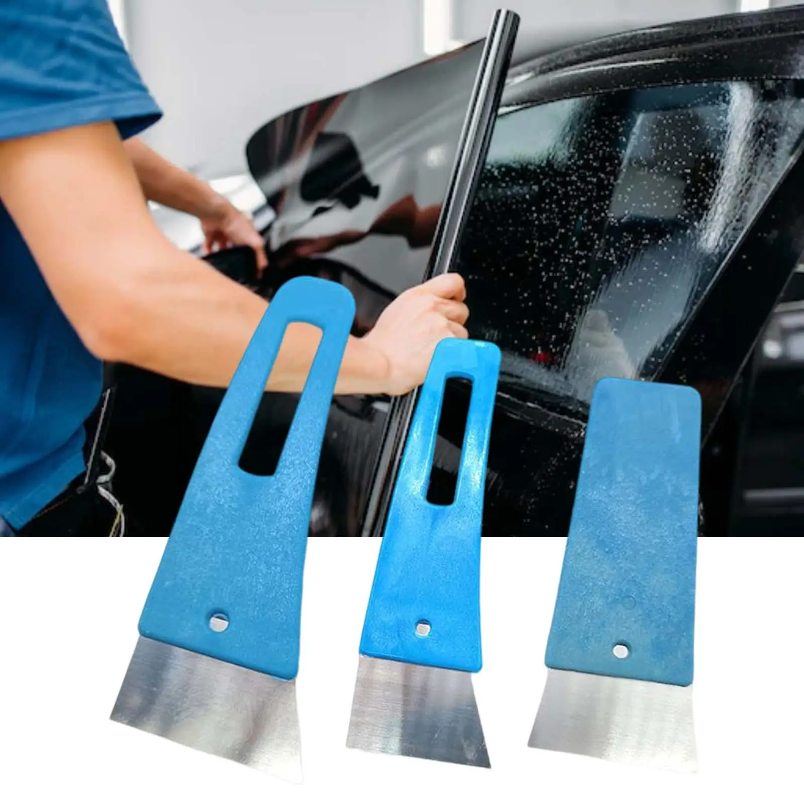 3 Pieces Car Window Film Scraper Squeegee Set Long Handle Cleaning Accessories for Wallpaper