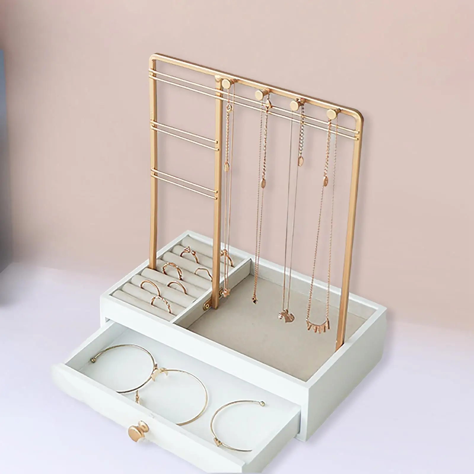 Jewelry Organizer Stand with Drawer Wood Basic with Hooks Storage Box Display Tower for Necklace Rings Earring Watches Bracelets