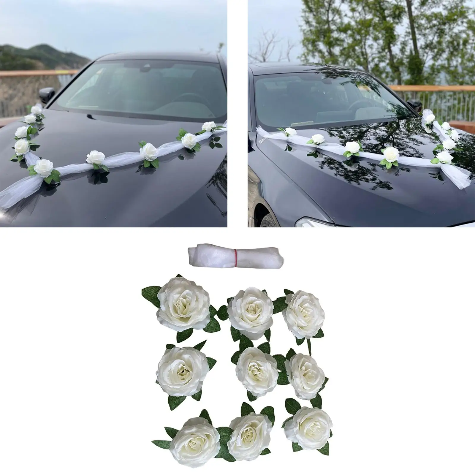 Luxury DIY Wedding Car Ribbon Rose Flower Car Decoration Silk Tulle 9 Head Flower for Party Limousine Events Decoration Ornament